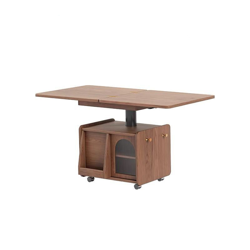 Contemporary Scandinavian Solid Wood Metal Glass Rounded Rectangular Movable Coffee Table With 2-Tier For Living Room