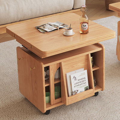 Contemporary Scandinavian Solid Wood Metal Glass Rounded Rectangular Movable Coffee Table With 2-Tier For Living Room