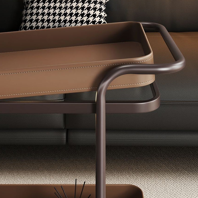 Contemporary Scandinavian Saddle Leather Carbon Steel Movable Cylindrical Rectangular Side Table With 2-Tier For Living Room