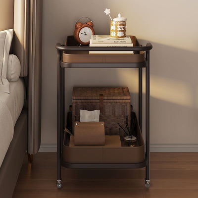 Contemporary Scandinavian Saddle Leather Carbon Steel Movable Cylindrical Rectangular Side Table With 2-Tier For Living Room