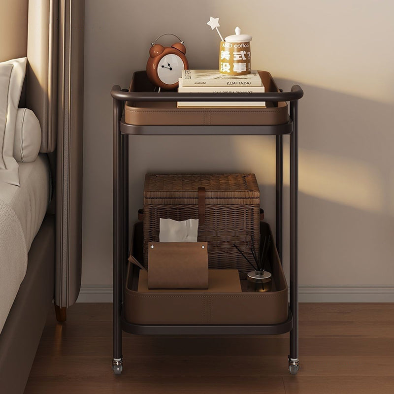 Contemporary Scandinavian Saddle Leather Carbon Steel Movable Cylindrical Rectangular Side Table With 2-Tier For Living Room