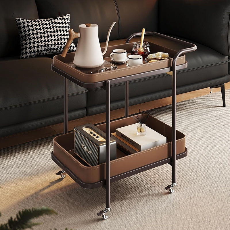 Contemporary Scandinavian Saddle Leather Carbon Steel Movable Cylindrical Rectangular Side Table With 2-Tier For Living Room