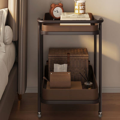 Contemporary Scandinavian Saddle Leather Carbon Steel Movable Cylindrical Rectangular Side Table With 2-Tier For Living Room