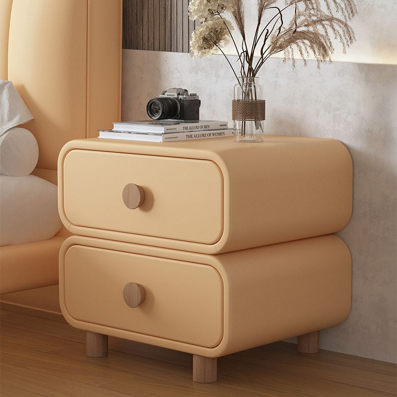 Modern Luxury Cat Scratch Leather Solid Wood Metal Rounded Square Cylinder Nightstand With 2 Drawers For Bedroom