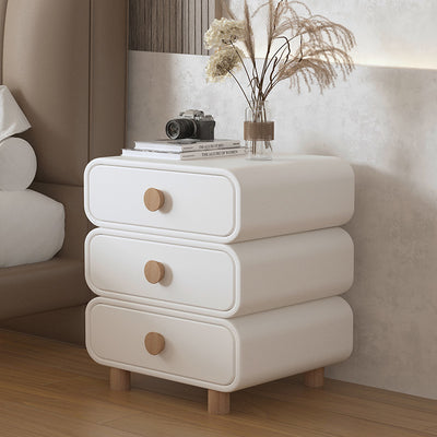 Modern Minimalist Microfiber Leather Solid Wood Rounded Cylinder Rectangular Nightstand With 3 Drawers For Bedroom