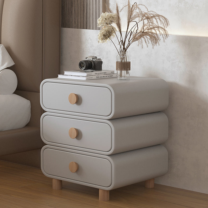 Modern Minimalist Microfiber Leather Solid Wood Rounded Cylinder Rectangular Nightstand With 3 Drawers For Bedroom