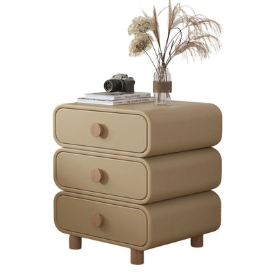 Modern Minimalist Microfiber Leather Solid Wood Rounded Cylinder Rectangular Nightstand With 3 Drawers For Bedroom