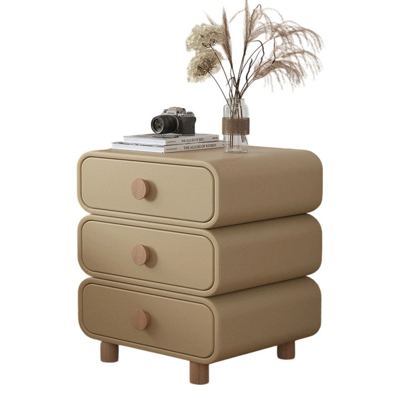Modern Minimalist Microfiber Leather Solid Wood Rounded Cylinder Rectangular Nightstand With 3 Drawers For Bedroom
