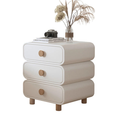 Modern Minimalist Microfiber Leather Solid Wood Rounded Cylinder Rectangular Nightstand With 3 Drawers For Bedroom