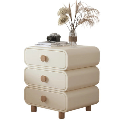 Modern Minimalist Microfiber Leather Solid Wood Rounded Cylinder Rectangular Nightstand With 3 Drawers For Bedroom