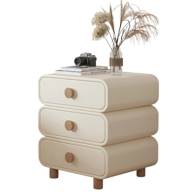 Modern Minimalist Microfiber Leather Solid Wood Rounded Cylinder Rectangular Nightstand With 3 Drawers For Bedroom