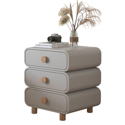 Modern Minimalist Microfiber Leather Solid Wood Rounded Cylinder Rectangular Nightstand With 3 Drawers For Bedroom