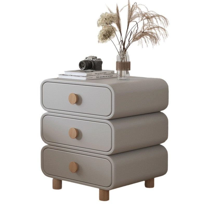 Modern Minimalist Microfiber Leather Solid Wood Rounded Cylinder Rectangular Nightstand With 3 Drawers For Bedroom