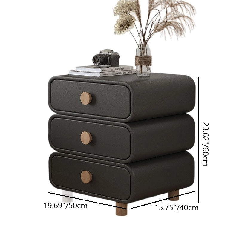Modern Minimalist Microfiber Leather Solid Wood Rounded Cylinder Rectangular Nightstand With 3 Drawers For Bedroom
