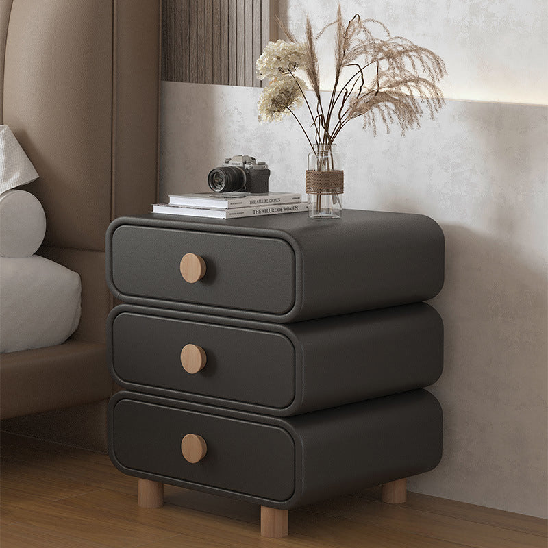 Modern Minimalist Microfiber Leather Solid Wood Rounded Cylinder Rectangular Nightstand With 3 Drawers For Bedroom