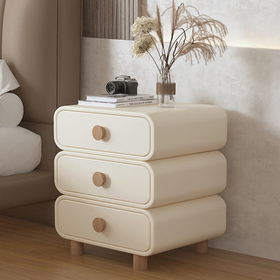 Modern Minimalist Microfiber Leather Solid Wood Rounded Cylinder Rectangular Nightstand With 3 Drawers For Bedroom
