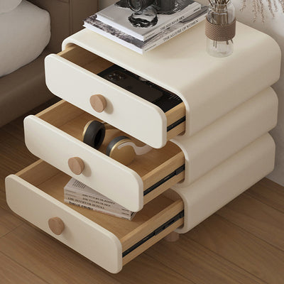 Modern Minimalist Microfiber Leather Solid Wood Rounded Cylinder Rectangular Nightstand With 3 Drawers For Bedroom