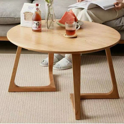 Contemporary Scandinavian Solid Wood Round Straight-Edge Coffee Table With 1-Tier For Living Room