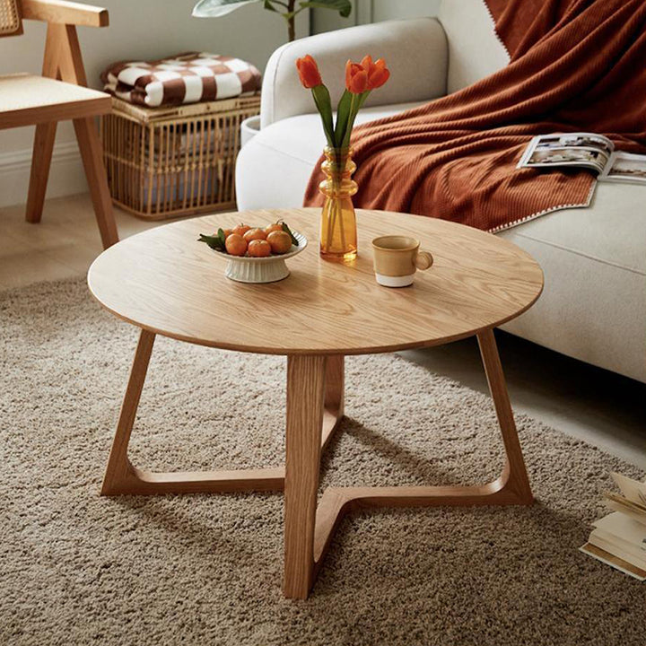 Table basse ronde contemporaine en bois massif scandinave à bord droit avec 1 niveau pour salon 