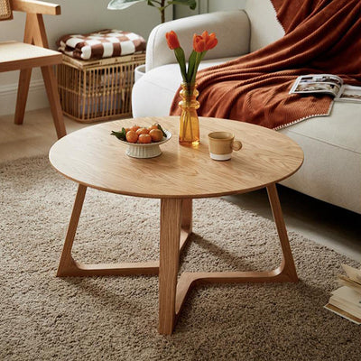 Contemporary Scandinavian Solid Wood Round Straight-Edge Coffee Table With 1-Tier For Living Room