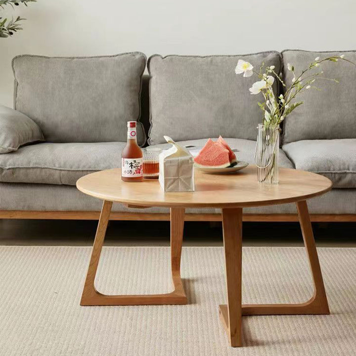 Table basse ronde contemporaine en bois massif scandinave à bord droit avec 1 niveau pour salon 