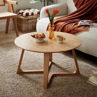 Contemporary Scandinavian Solid Wood Round Straight-Edge Coffee Table With 1-Tier For Living Room