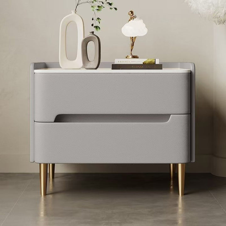 Contemporary Scandinavian Sintered Stone Microfiber Leather Metal Cylindrical Square Nightstand With 2 Drawers For Bedroom