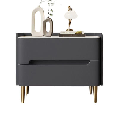 Contemporary Scandinavian Sintered Stone Microfiber Leather Metal Cylindrical Square Nightstand With 2 Drawers For Bedroom