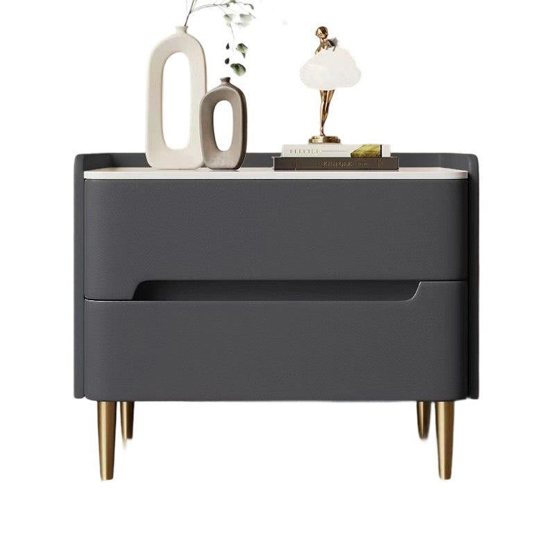 Contemporary Scandinavian Sintered Stone Microfiber Leather Metal Cylindrical Square Nightstand With 2 Drawers For Bedroom