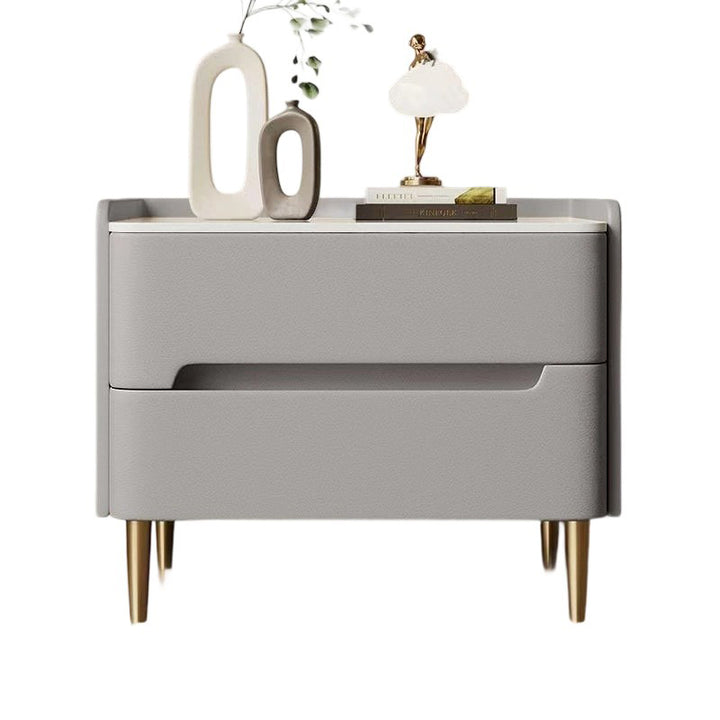 Contemporary Scandinavian Sintered Stone Microfiber Leather Metal Cylindrical Square Nightstand With 2 Drawers For Bedroom
