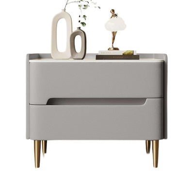 Contemporary Scandinavian Sintered Stone Microfiber Leather Metal Cylindrical Square Nightstand With 2 Drawers For Bedroom
