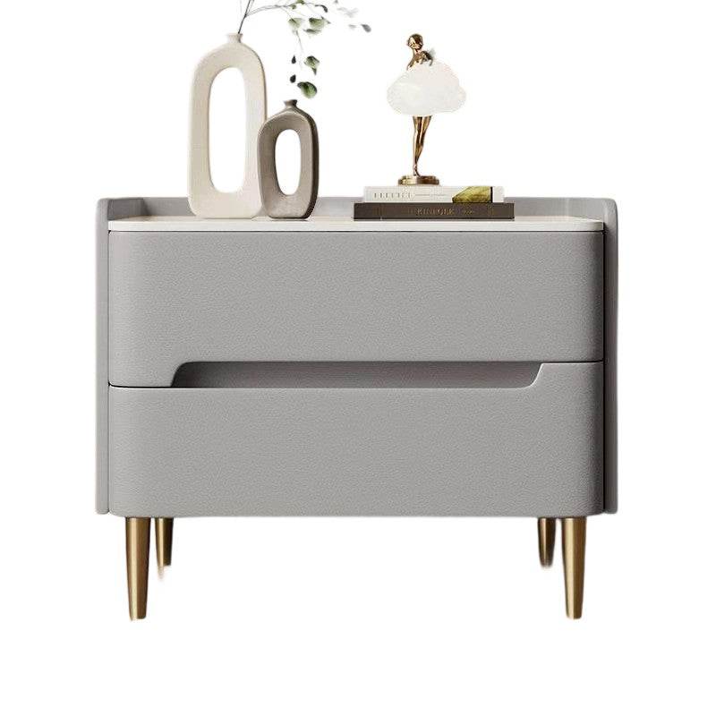 Contemporary Scandinavian Sintered Stone Microfiber Leather Metal Cylindrical Square Nightstand With 2 Drawers For Bedroom