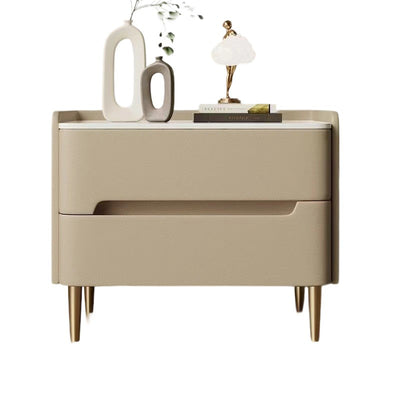 Contemporary Scandinavian Sintered Stone Microfiber Leather Metal Cylindrical Square Nightstand With 2 Drawers For Bedroom