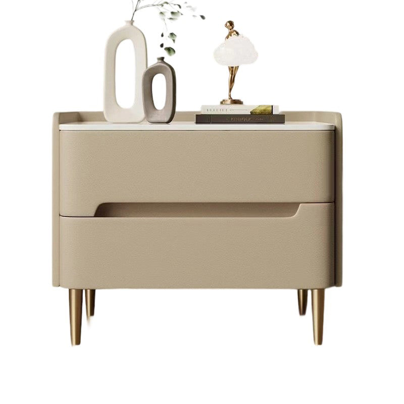 Contemporary Scandinavian Sintered Stone Microfiber Leather Metal Cylindrical Square Nightstand With 2 Drawers For Bedroom