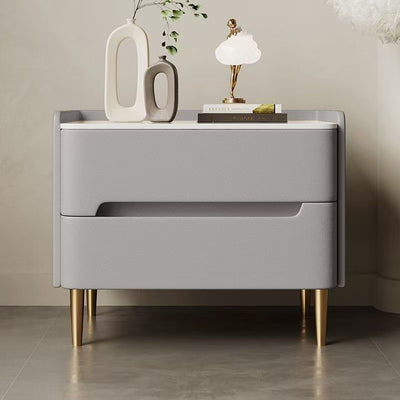 Contemporary Scandinavian Sintered Stone Microfiber Leather Metal Cylindrical Square Nightstand With 2 Drawers For Bedroom
