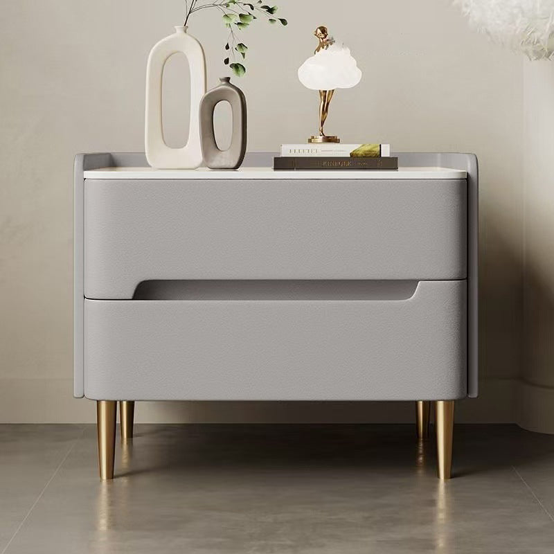 Contemporary Scandinavian Sintered Stone Microfiber Leather Metal Cylindrical Square Nightstand With 2 Drawers For Bedroom