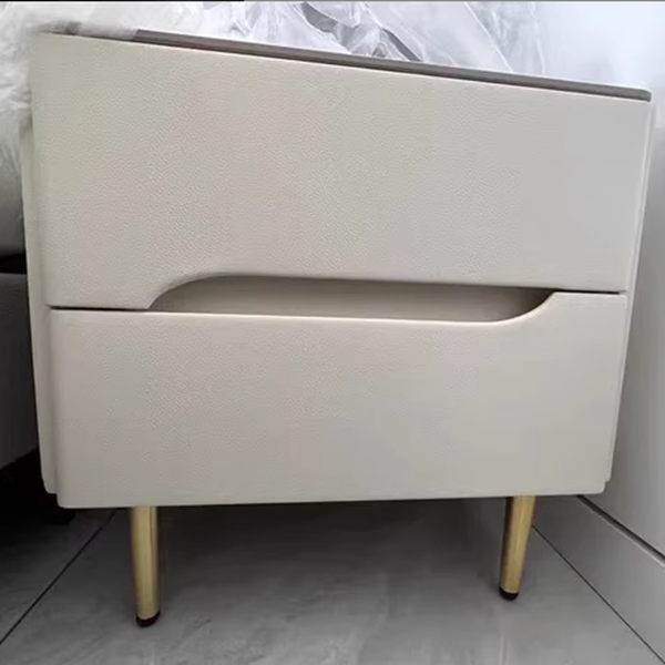 Contemporary Scandinavian Sintered Stone Microfiber Leather Metal Cylindrical Square Nightstand With 2 Drawers For Bedroom
