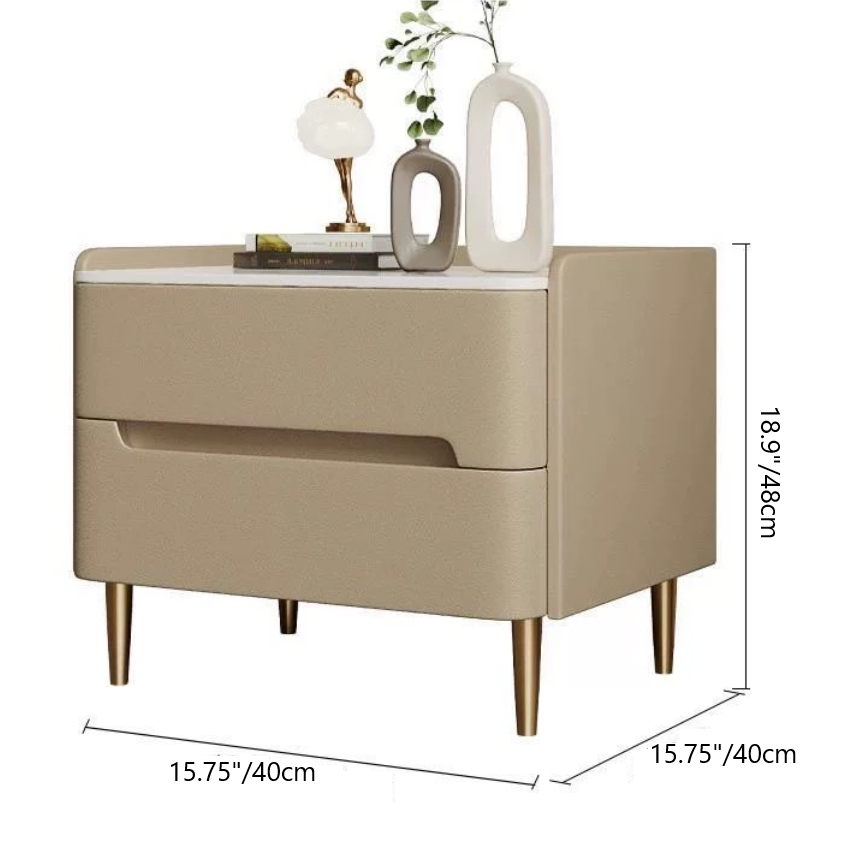 Contemporary Scandinavian Sintered Stone Microfiber Leather Metal Cylindrical Square Nightstand With 2 Drawers For Bedroom