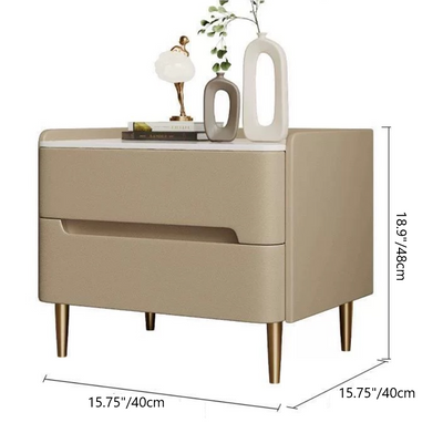 Contemporary Scandinavian Sintered Stone Microfiber Leather Metal Cylindrical Square Nightstand With 2 Drawers For Bedroom