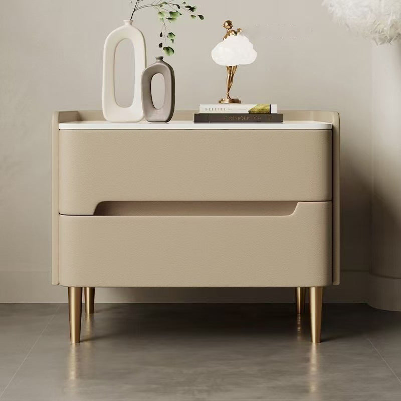 Contemporary Scandinavian Sintered Stone Microfiber Leather Metal Cylindrical Square Nightstand With 2 Drawers For Bedroom