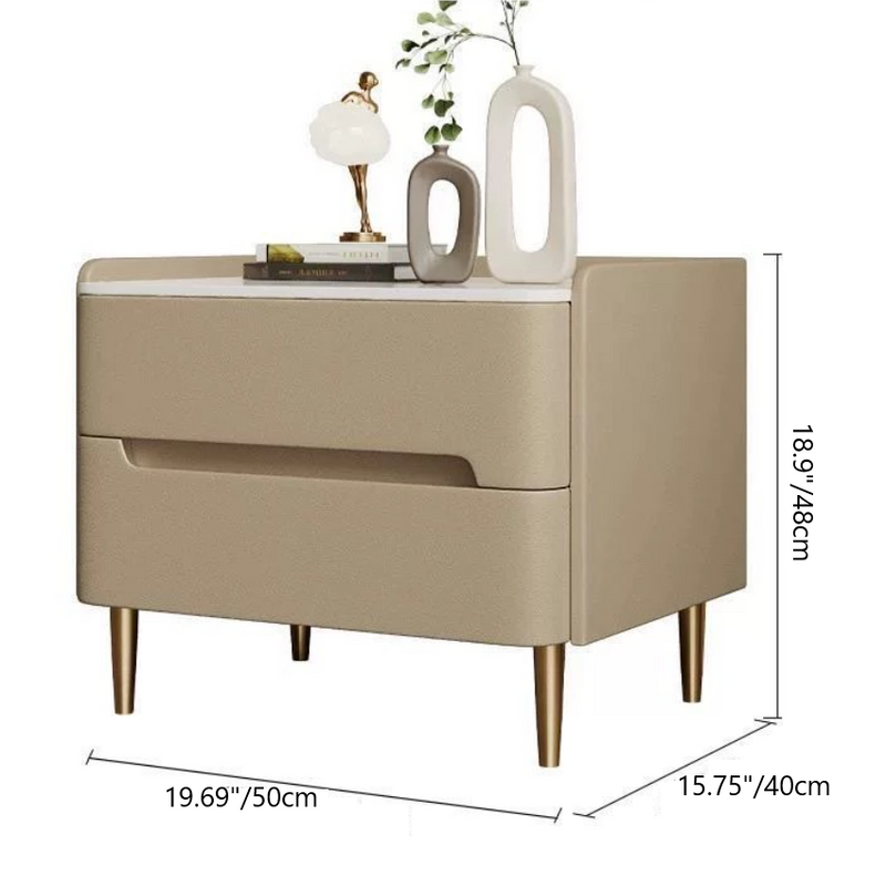 Contemporary Scandinavian Sintered Stone Microfiber Leather Metal Cylindrical Square Nightstand With 2 Drawers For Bedroom