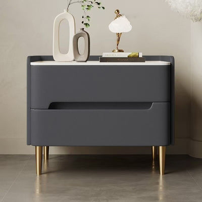 Contemporary Scandinavian Sintered Stone Microfiber Leather Metal Cylindrical Square Nightstand With 2 Drawers For Bedroom