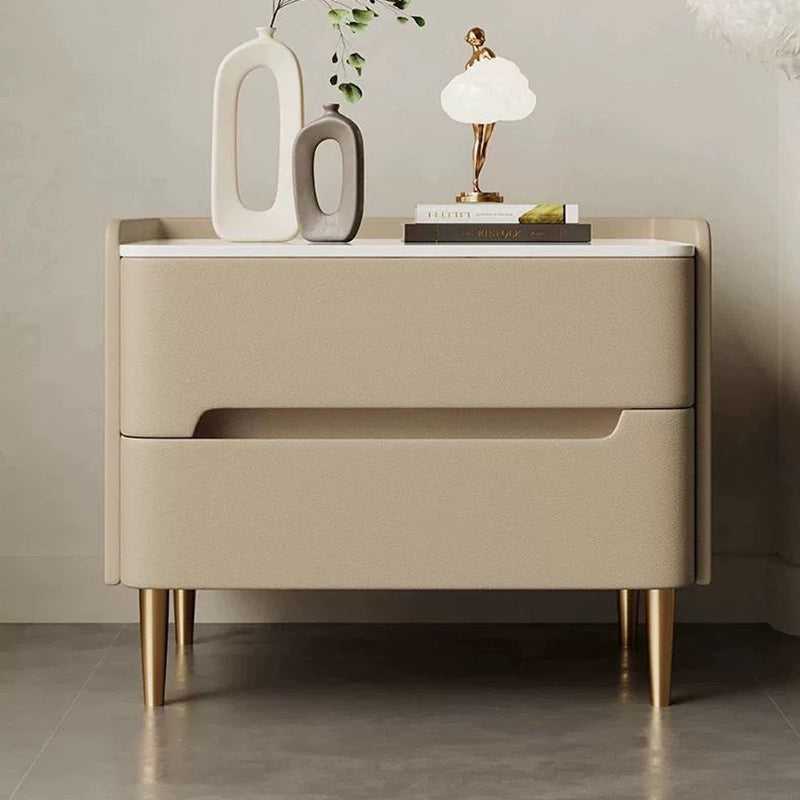 Contemporary Scandinavian Sintered Stone Microfiber Leather Metal Cylindrical Square Nightstand With 2 Drawers For Bedroom