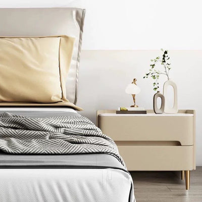 Contemporary Scandinavian Sintered Stone Microfiber Leather Metal Cylindrical Square Nightstand With 2 Drawers For Bedroom