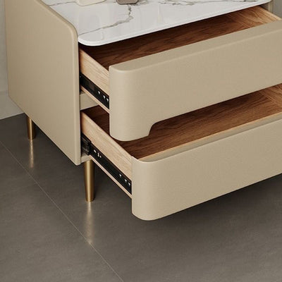 Contemporary Scandinavian Sintered Stone Microfiber Leather Metal Cylindrical Square Nightstand With 2 Drawers For Bedroom