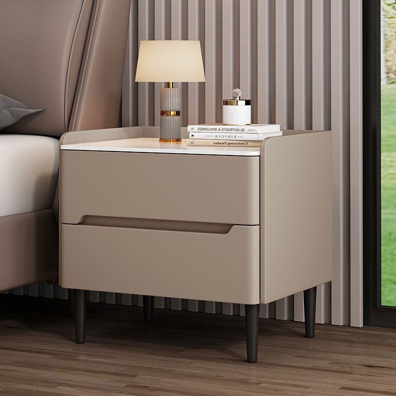Modern Luxury Sintered Stone Pine Wood Nappa Leather Rounded Square Nightstand With 2 Drawers For Bedroom