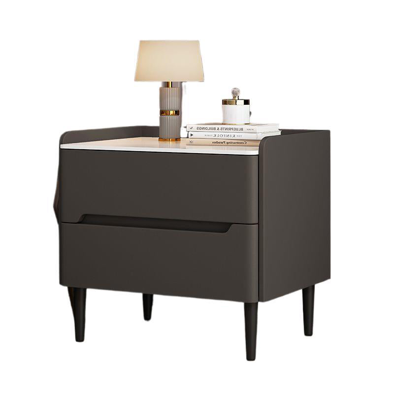 Modern Luxury Sintered Stone Pine Wood Nappa Leather Rounded Square Nightstand With 2 Drawers For Bedroom