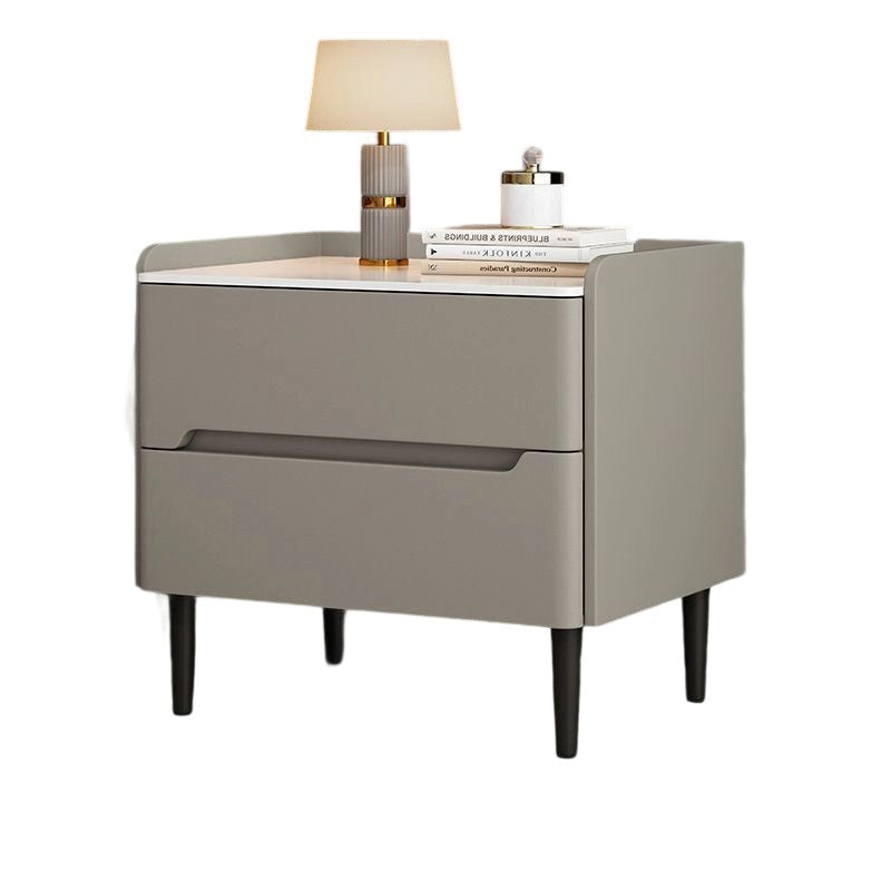 Modern Luxury Sintered Stone Pine Wood Nappa Leather Rounded Square Nightstand With 2 Drawers For Bedroom