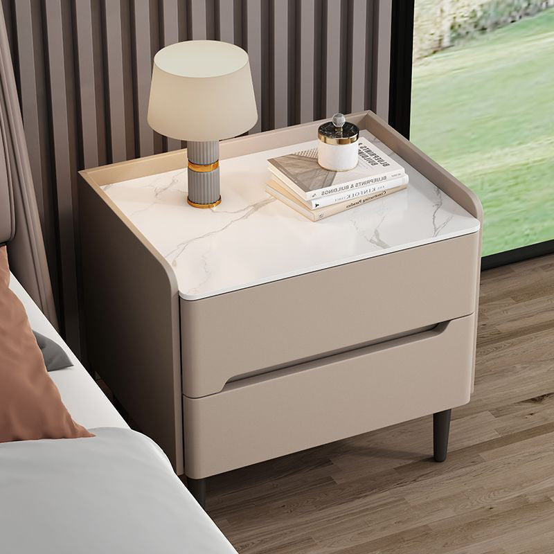 Modern Luxury Sintered Stone Pine Wood Nappa Leather Rounded Square Nightstand With 2 Drawers For Bedroom