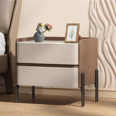 Modern Luxury Sintered Stone Microfiber Leather Solid Wood Rounded Square Nightstand With 2 Drawers For Bedroom